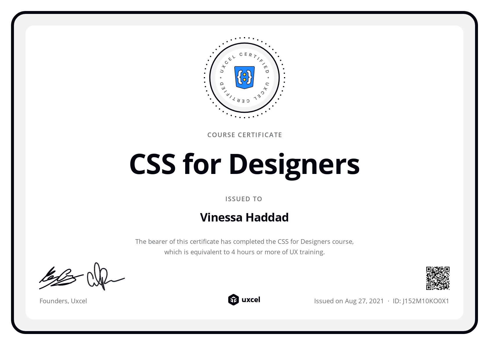 Vinessa Haddad's certificate